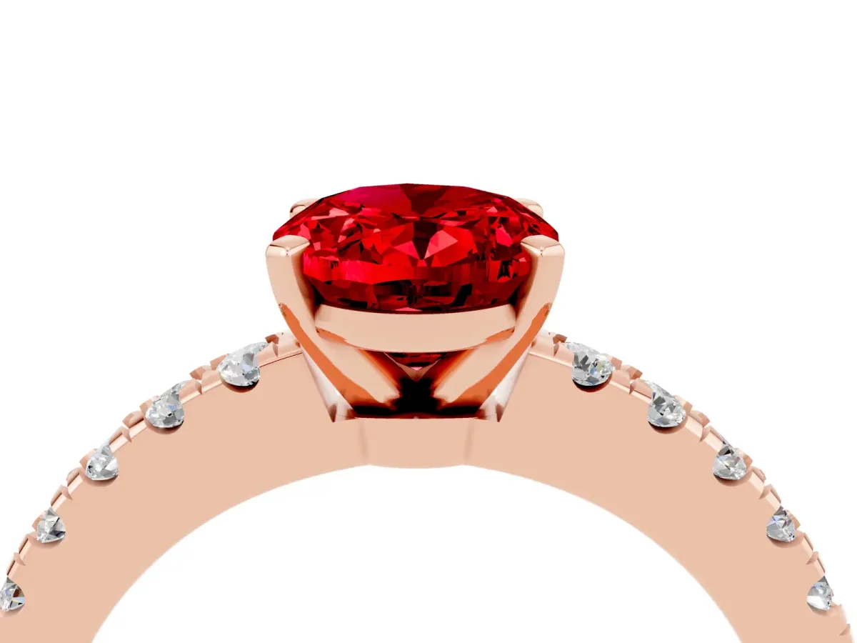 Oval Cut Solitaire Ruby with Pavé Band and Four-Prong Setting Rose gold
