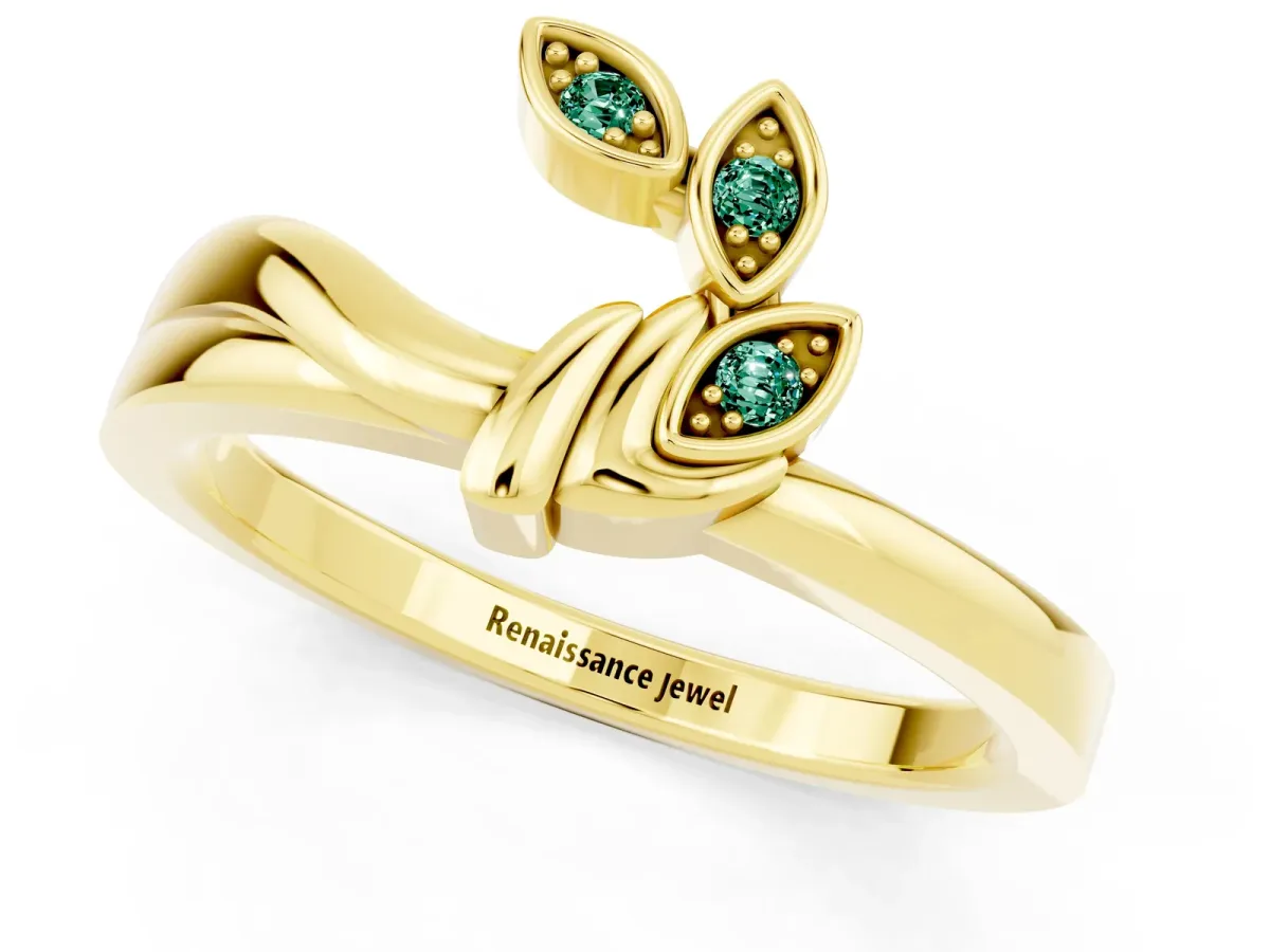 Three-Stone Round Green Sapphire Leaf Bypass Ring with Bezel Setting Yellow gold
