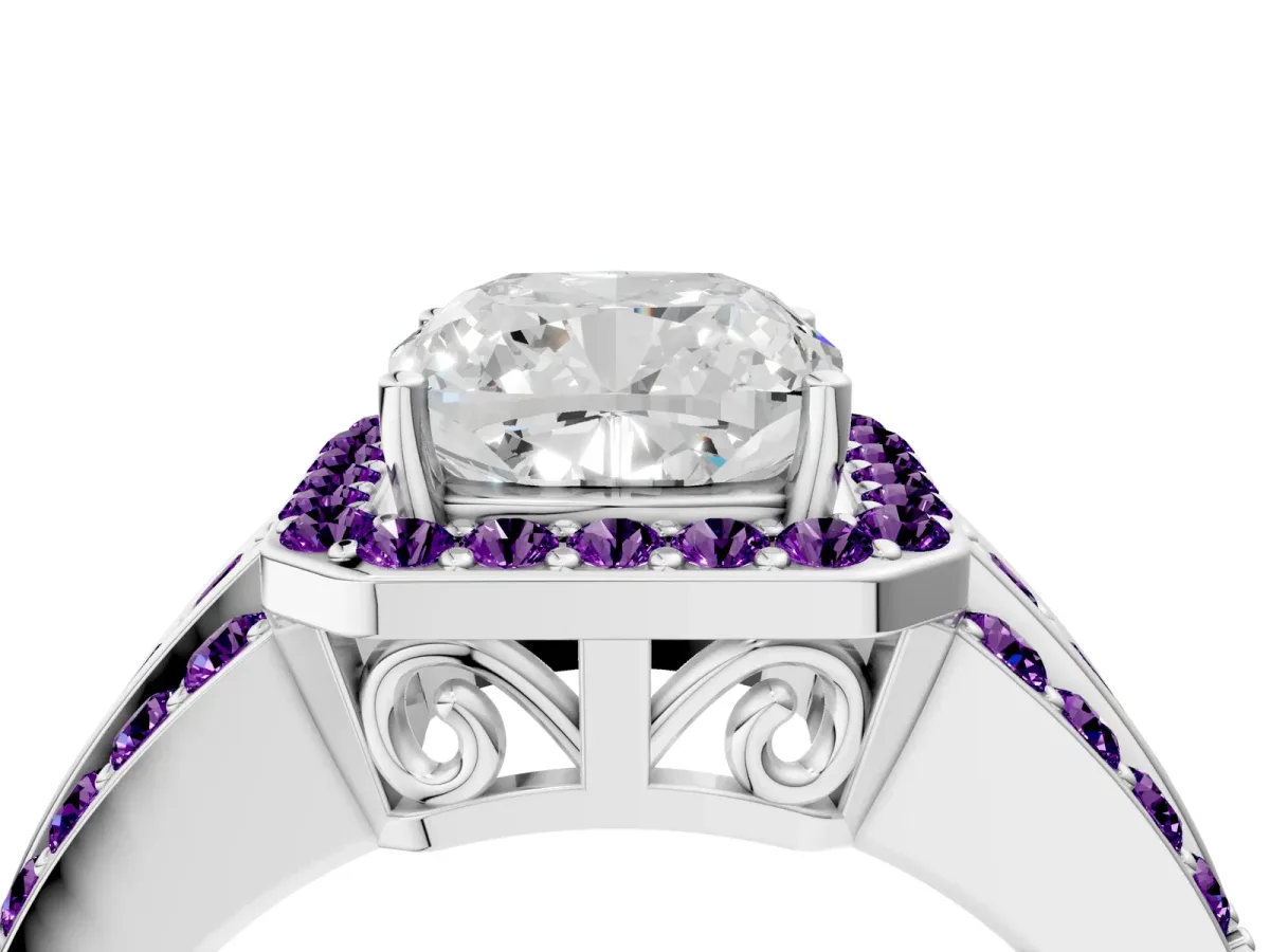Cushion Cut Halo Diamond Ring with Round Amethyst Split Shank and Prong Setting Silver