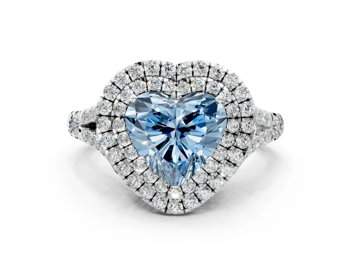 Fancy Blue Heart Cut Cut Double Halo Split Shank Diamond Ring with Prong Setting Platinum