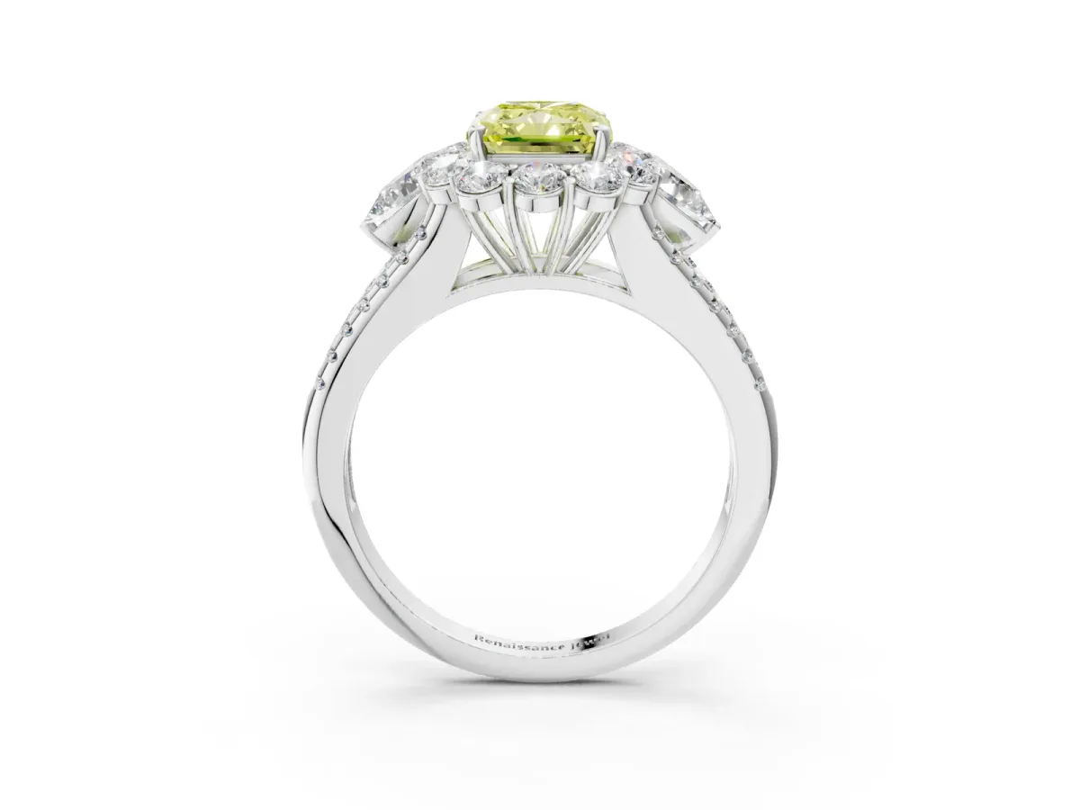 Fancy Yellow Radiant Cut Halo Split Shank Diamond Engagement Ring with Prong Setting Platinum