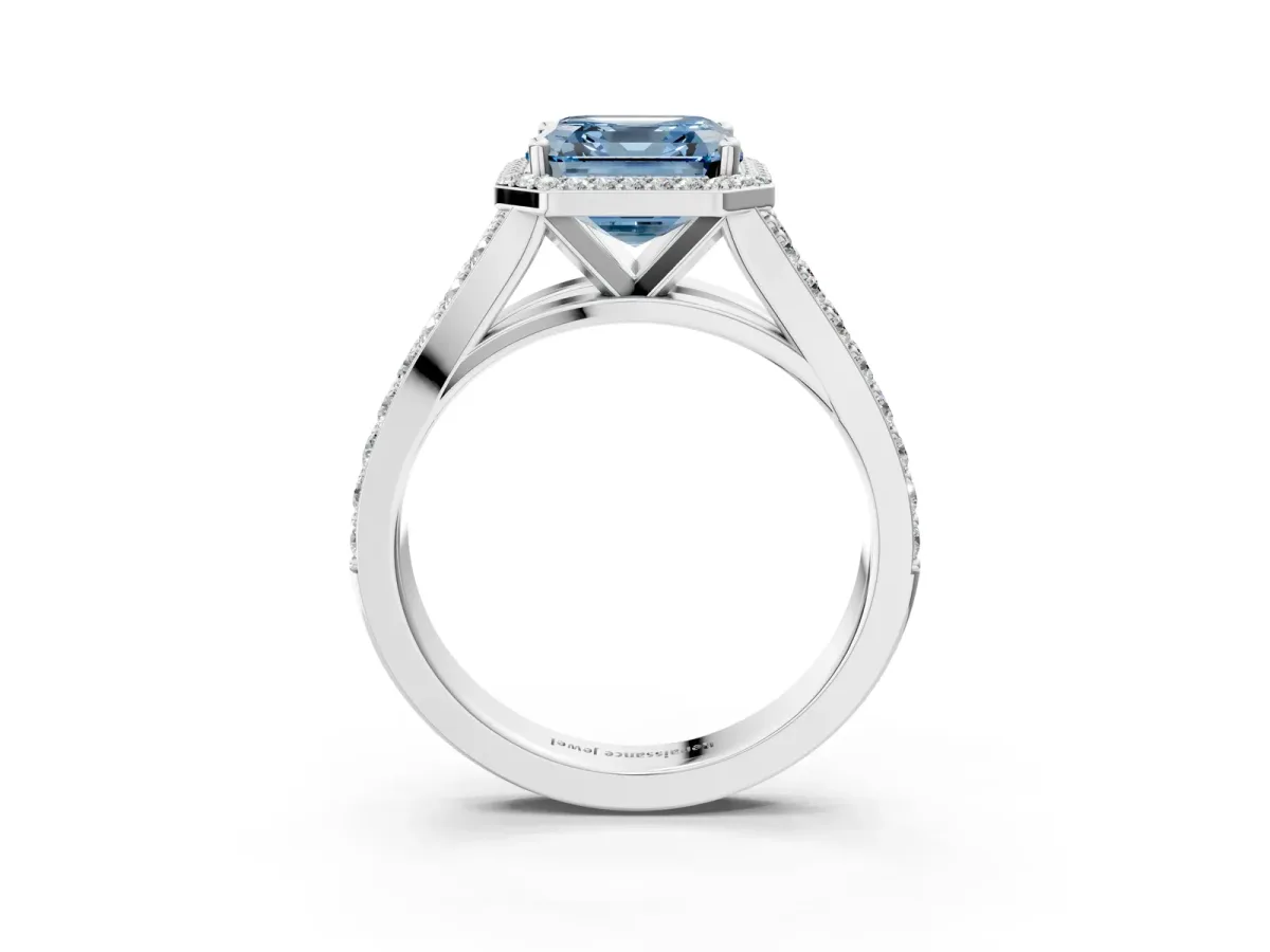 Fancy Blue Asscher Cut Diamond Split Shank Halo Ring with Four-Prong Setting Platinum