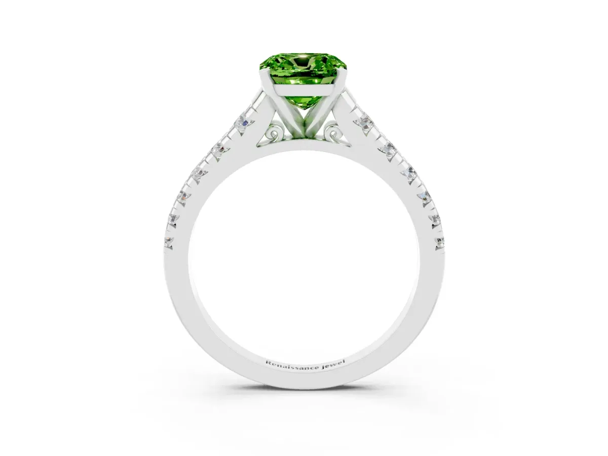 Cushion Cut Peridot Cathedral Solitaire Ring with Round Pavé Band Silver