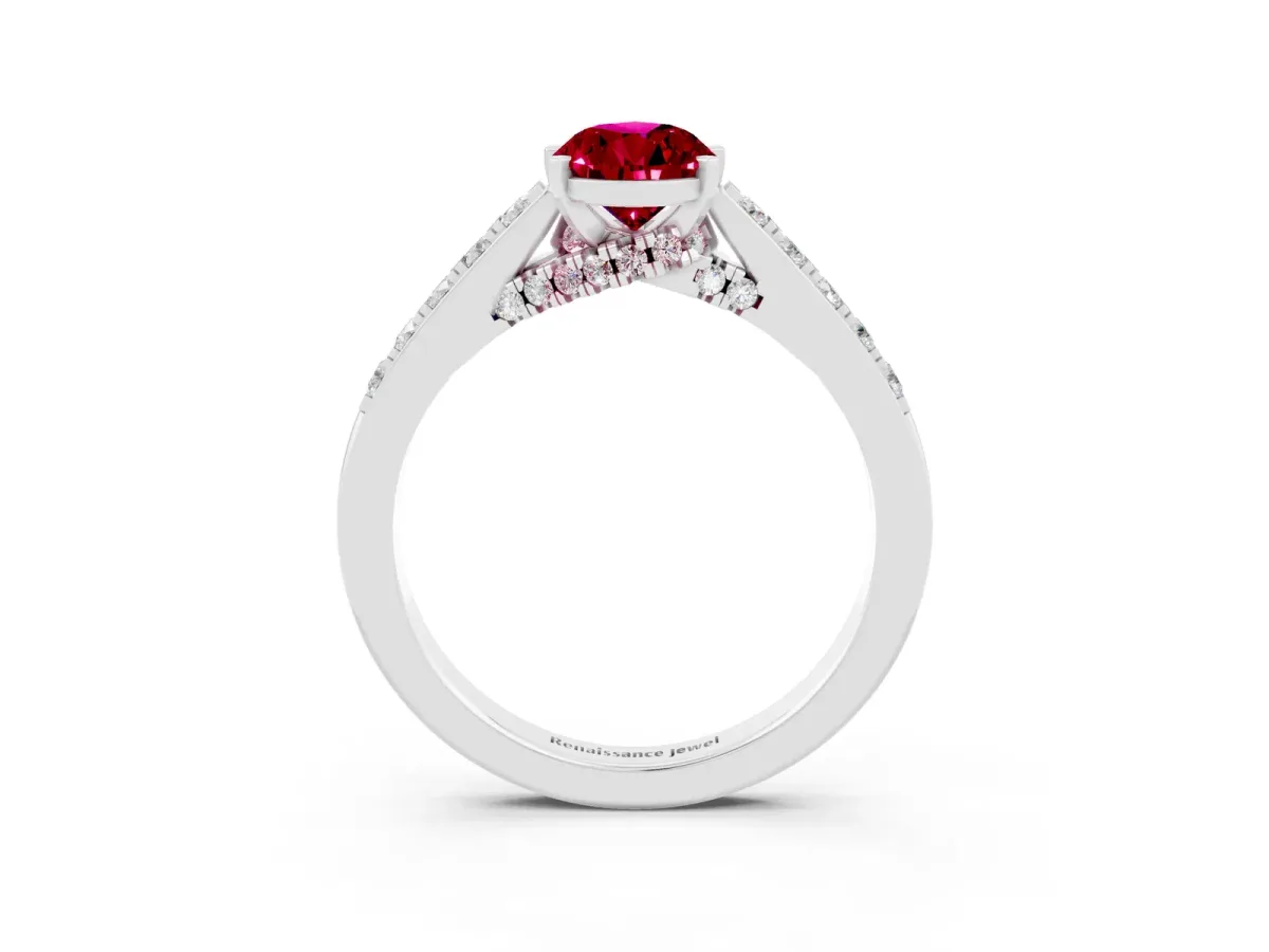 Pear Cut Garnet Solitaire Ring with Crossover Gallery and Round Pavé Band Silver