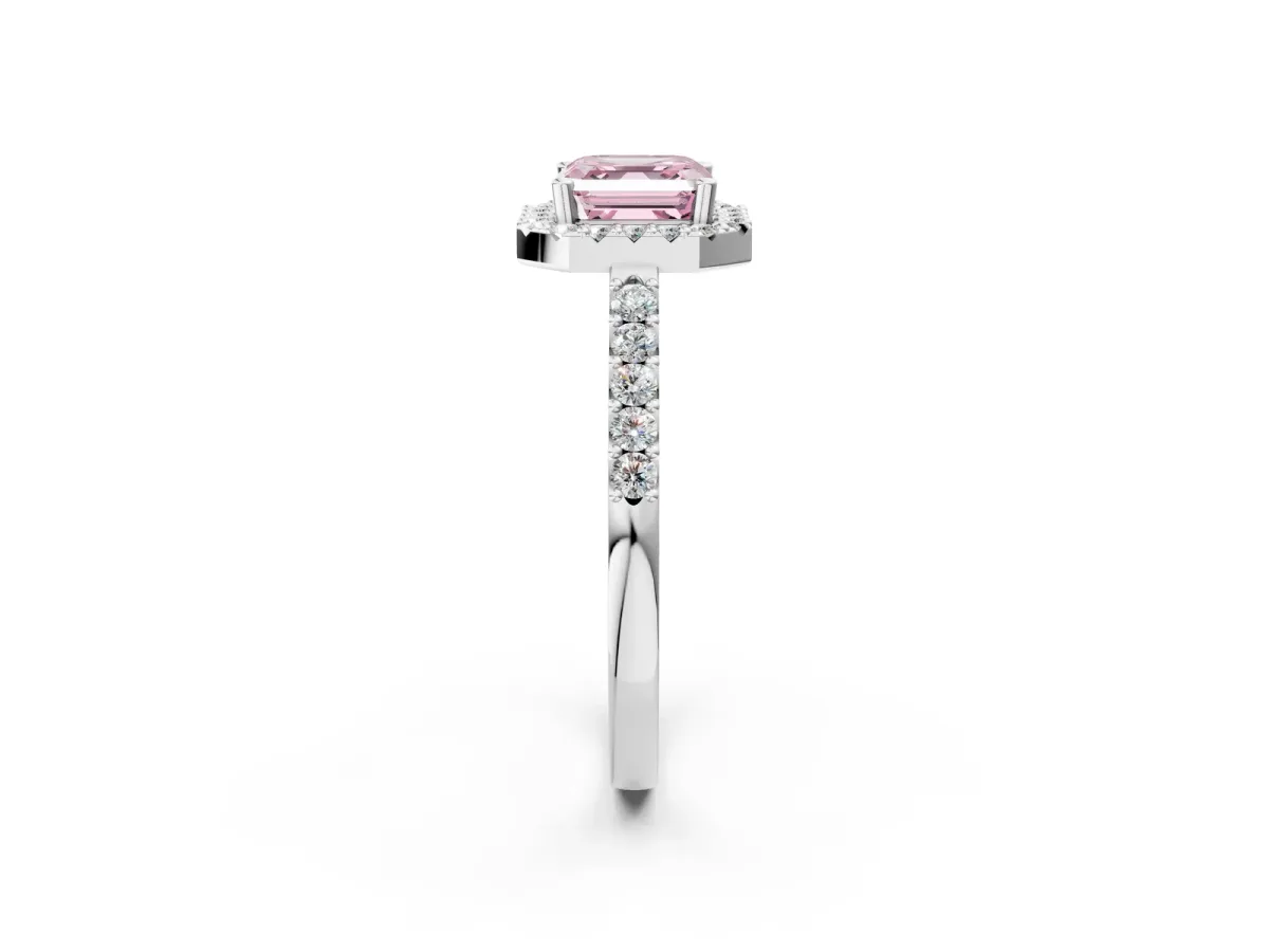 Fancy Pink Asscher Cut Halo Diamond Pavé Solitaire Ring Platinum