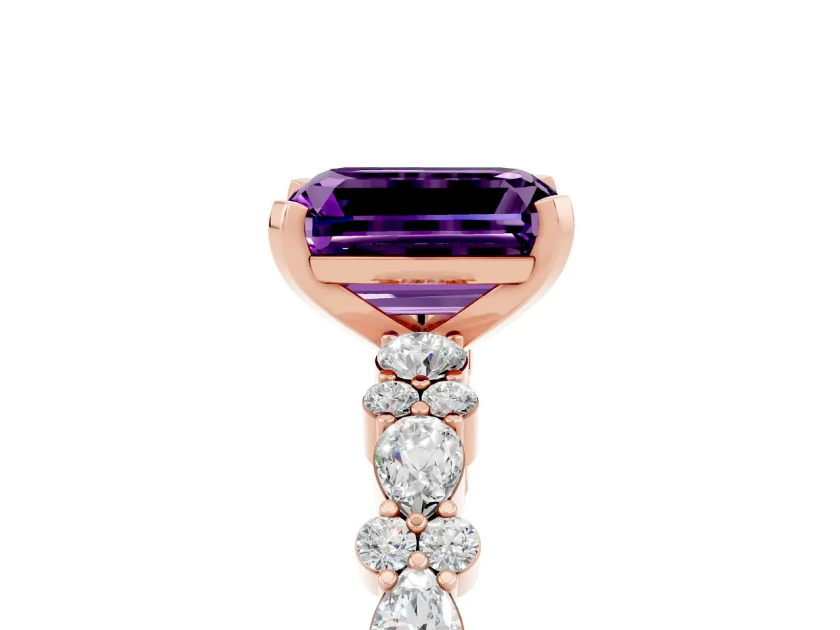 Emerald Cut Amethyst Side Stone Solitaire Ring with Round and Four-Prong Setting Rose gold