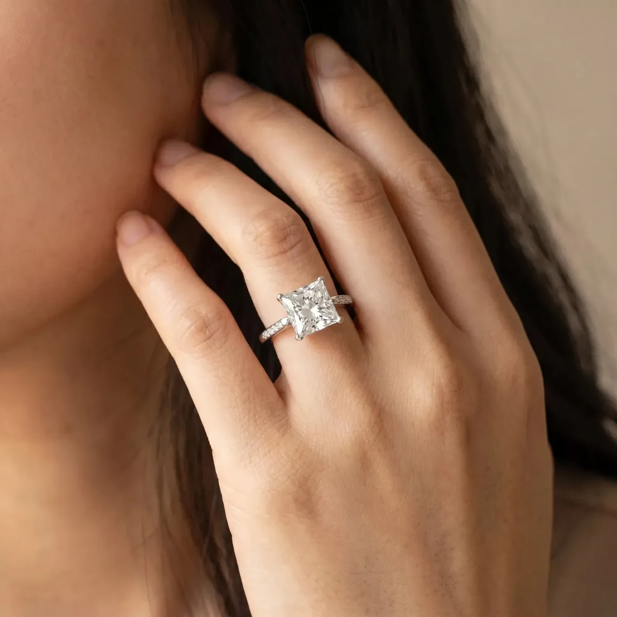 Princess Cut Diamond Solitaire Ring with Channel Set Round Band and Prong Setting Silver
