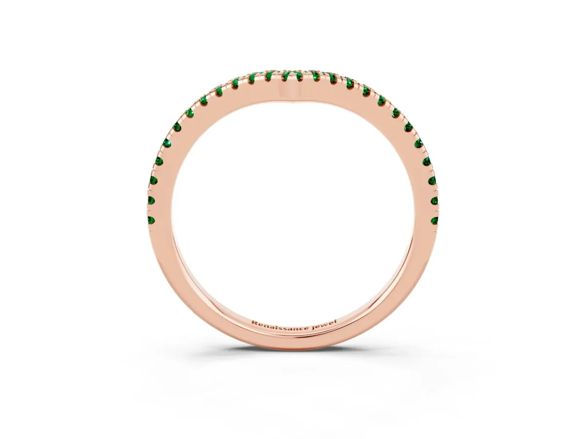 Pavé Round Emerald V-Shaped Chevron Band with Shared Prong Setting Rose gold