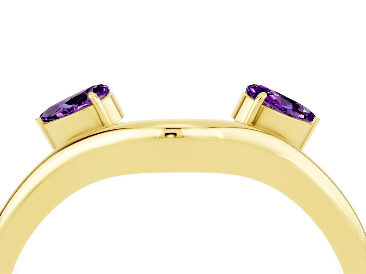 Pear Cut Amethyst Two-Stone Open Band Ring with Prong Setting Yellow gold