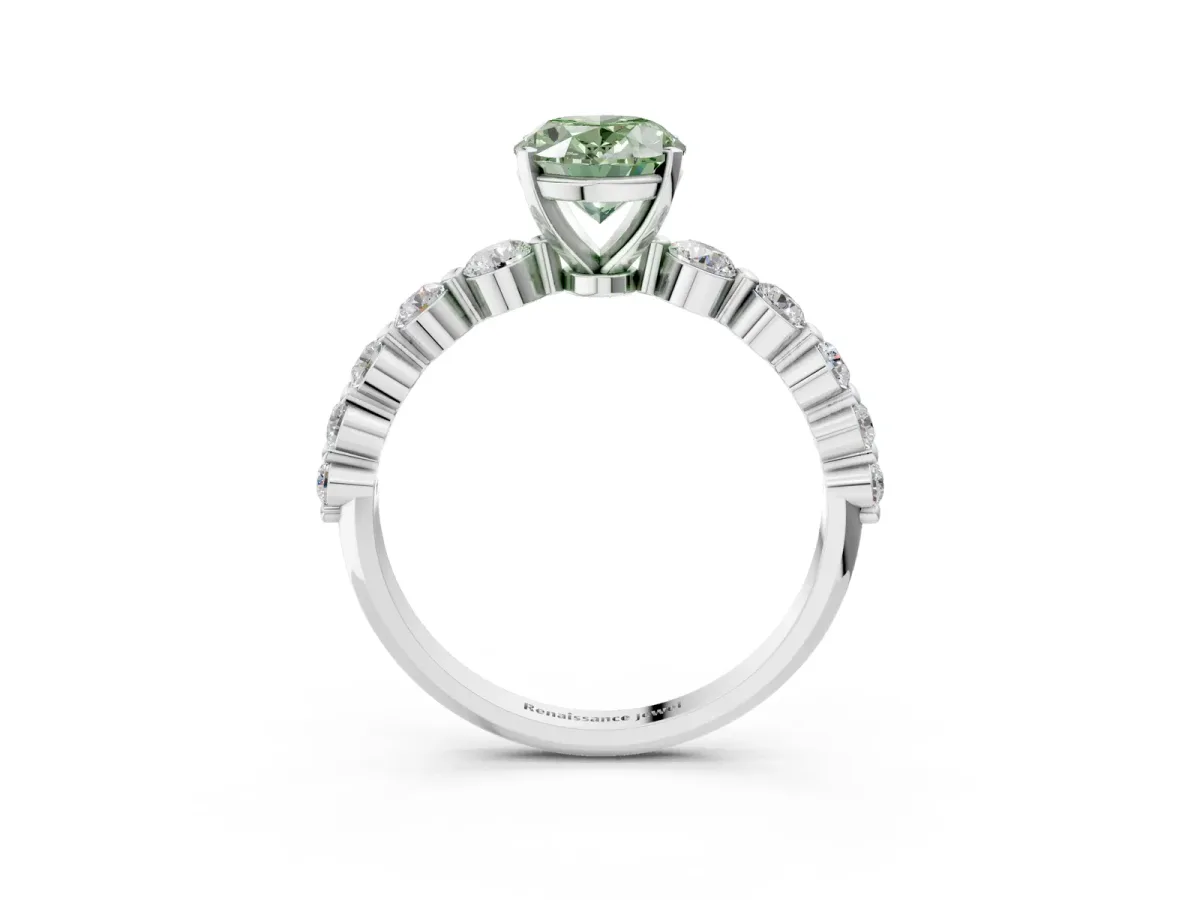 Fancy Green Oval Cut Solitaire Diamond Ring with Pave Band and Four-Prong Setting Silver