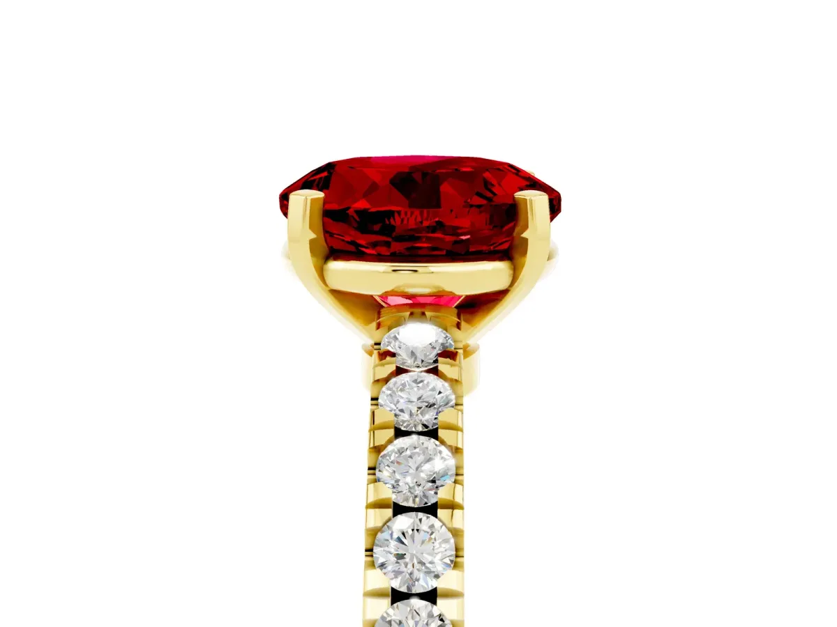 Round Cut Solitaire Ruby with Pavé Band and Four-Prong Setting Yellow gold