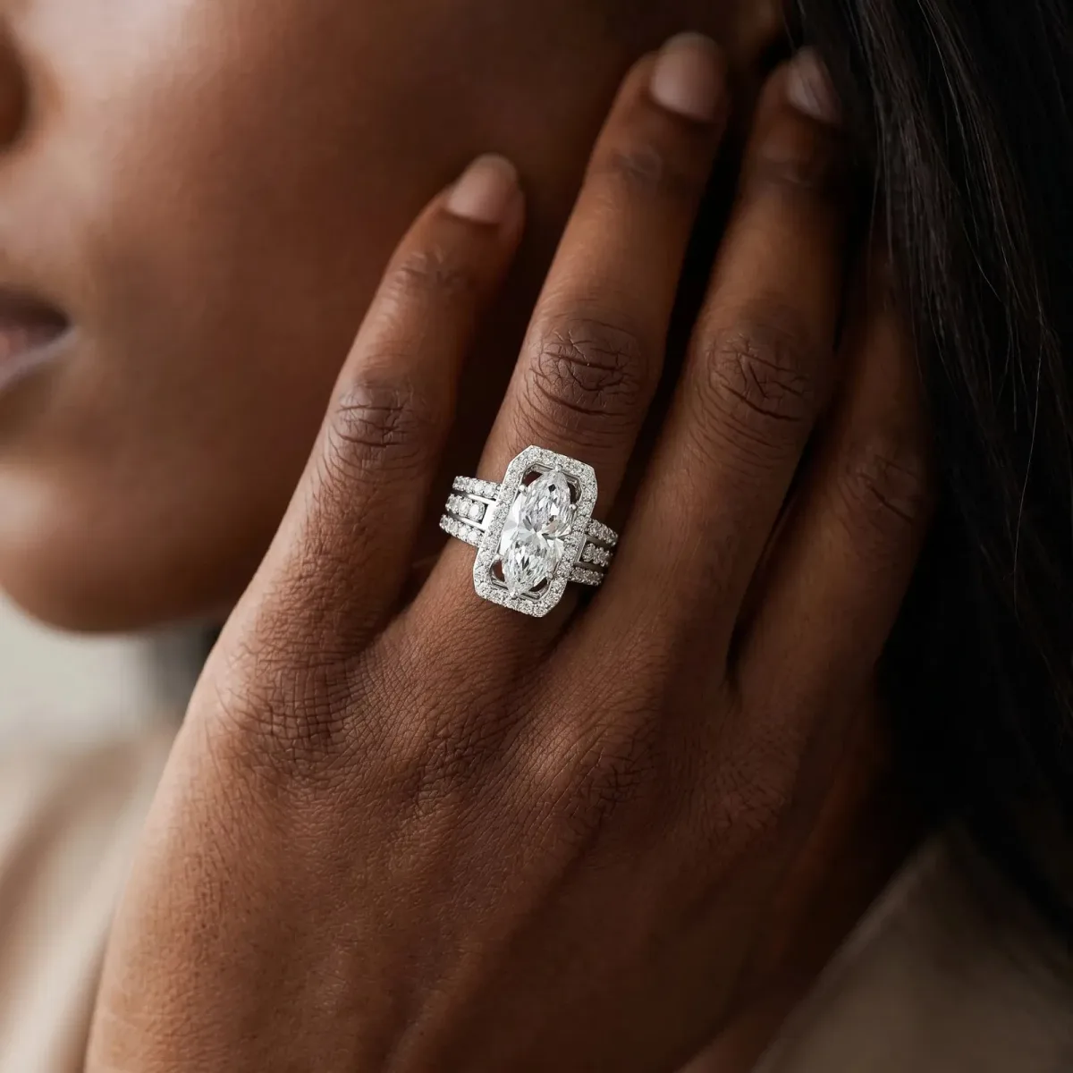 Marquise Cut Halo Diamond Ring with Round Split Shank and Prong Setting White gold