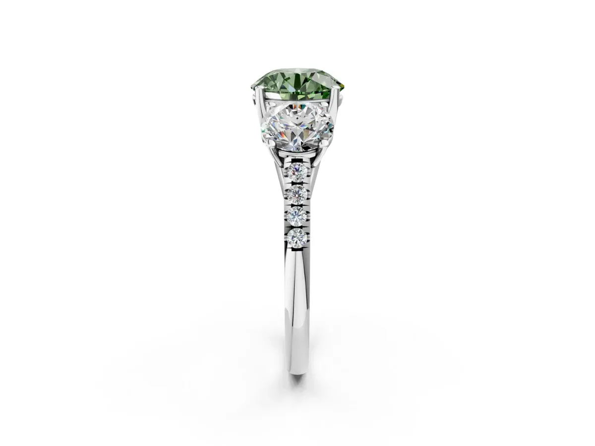 Fancy Green Three-Stone Round Cut Diamond Ring with Round Pavé Band and Prong Setting Silver