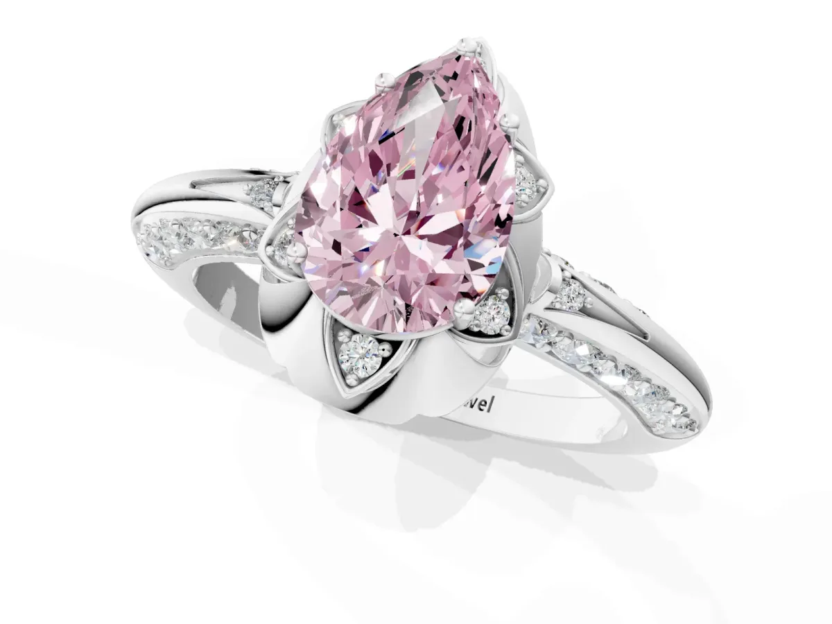 Fancy Pink Pear Cut Halo Split Shank Pave Diamond Ring with Petal Prong Setting Platinum