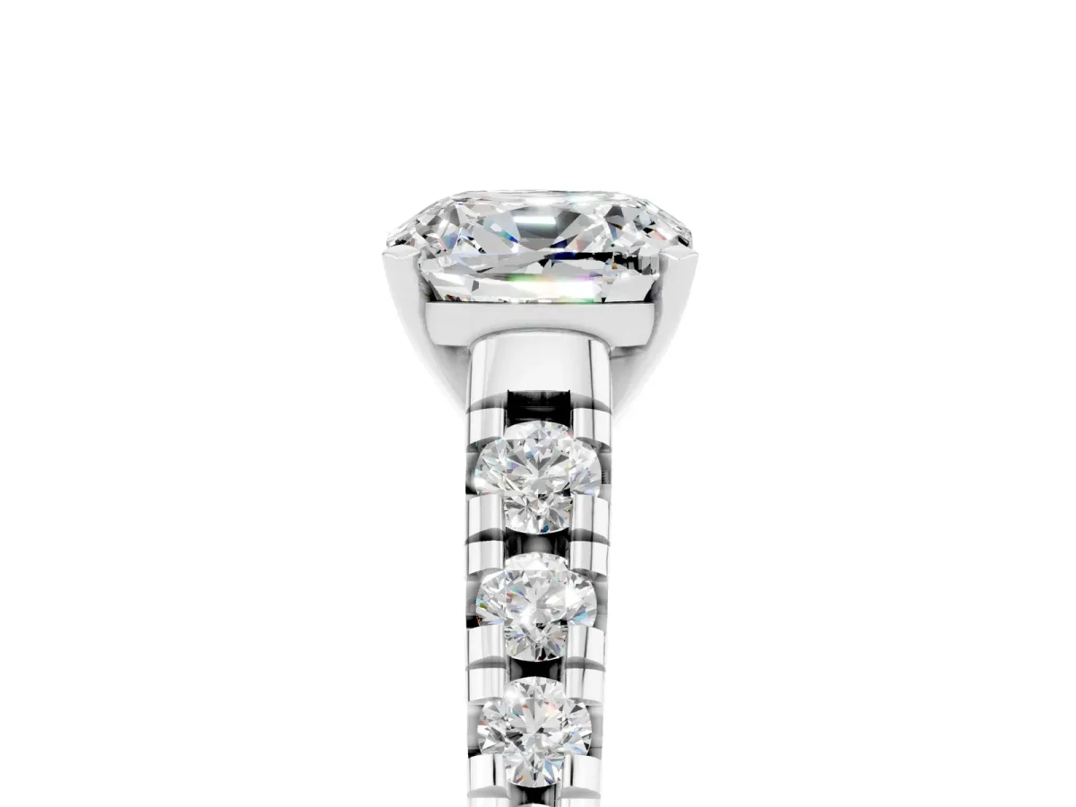 Cushion Cut Moissanite Cathedral Solitaire Ring with Round Pavé Band Silver