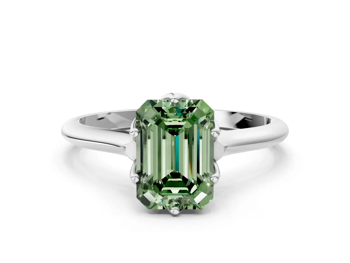 Fancy Green Emerald Cut Solitaire Cathedral Diamond Ring with Six-Prong Setting Silver