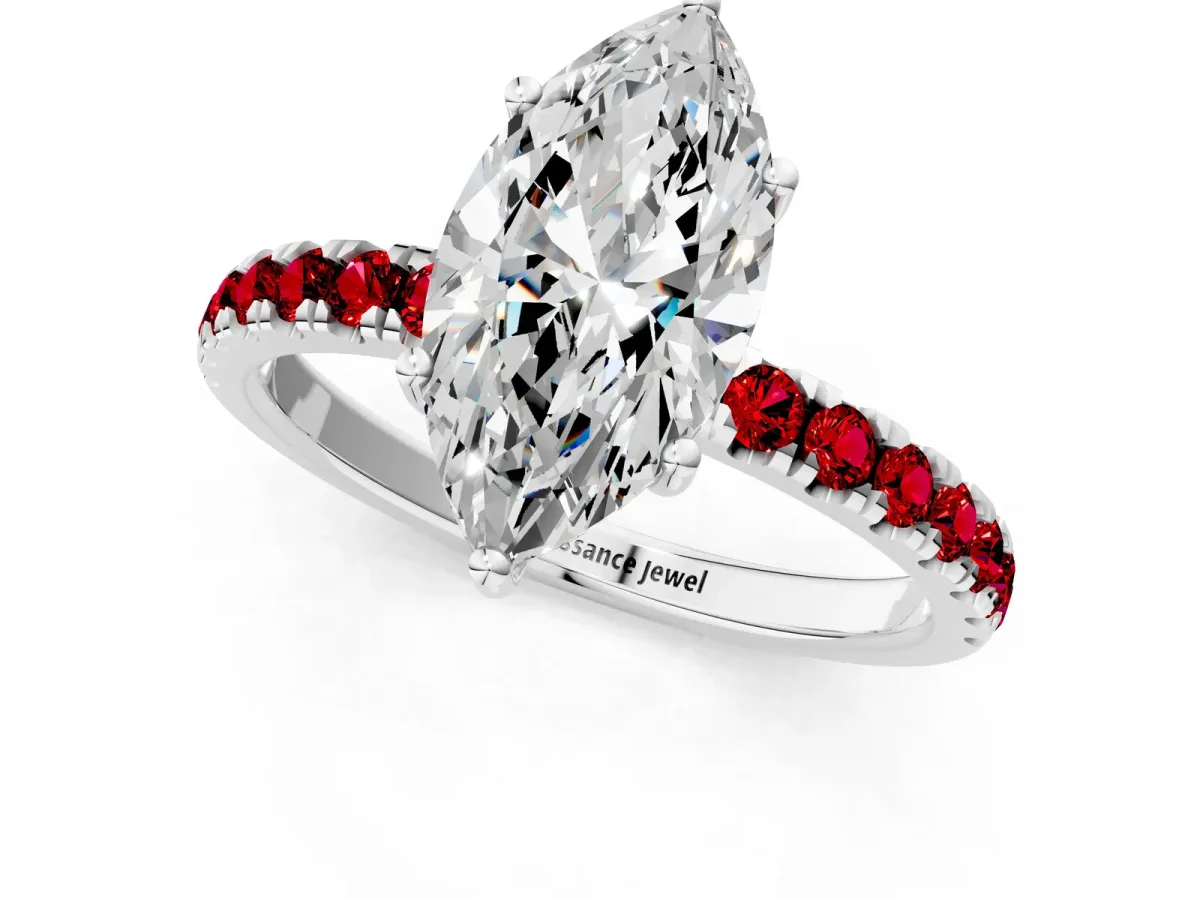 Marquise Cut Diamond Pave Band Solitaire Ring with Round Ruby and Prong Setting White gold