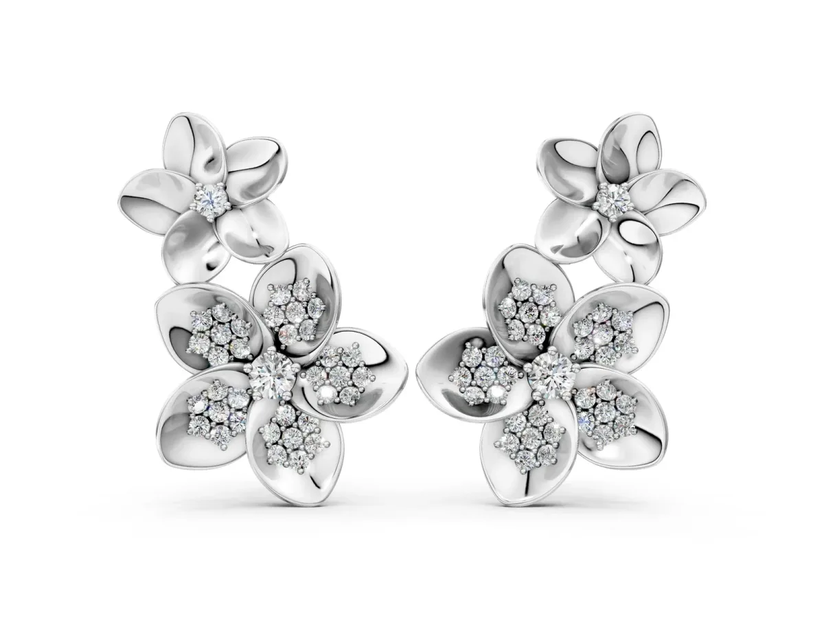 Round Diamond Plumeria Climber Earrings Silver