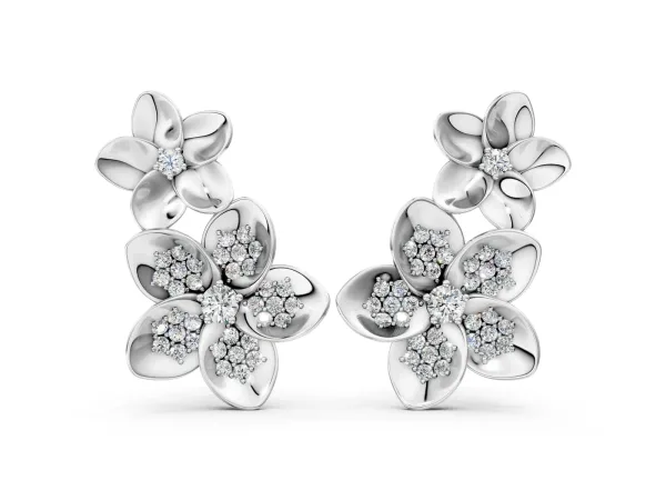 Round Diamond Plumeria Climber Earrings Silver