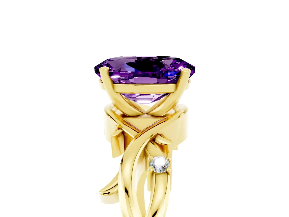 Oval Cut Amethyst Solitaire Ring with Twisted Band and Prong Setting Yellow gold