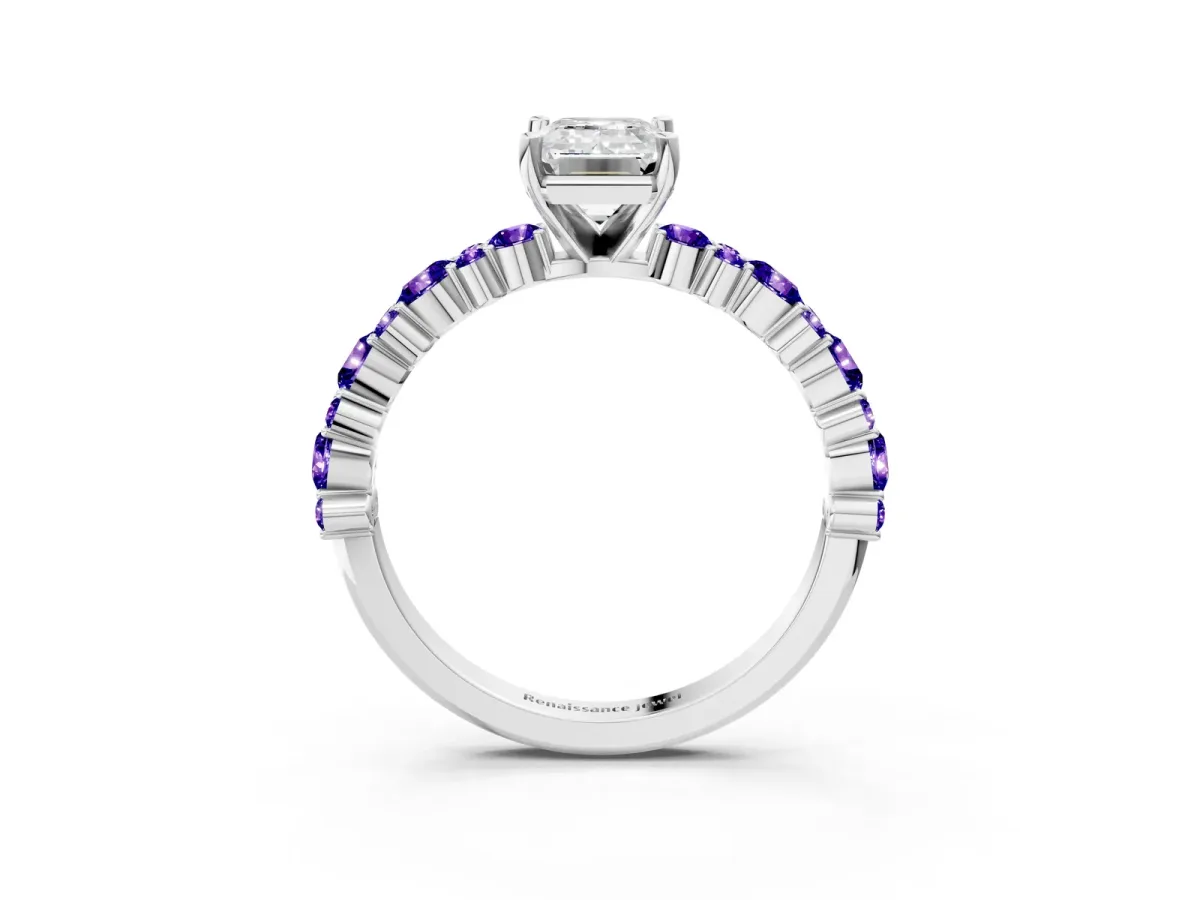 Emerald Cut Diamond Side Stone Solitaire Ring with Round Tanzanite and Four-Prong Setting Platinum