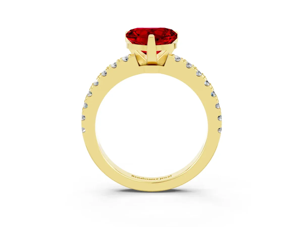 Heart Cut Solitaire Ruby with Pavé Band and Four-Prong Setting Yellow gold