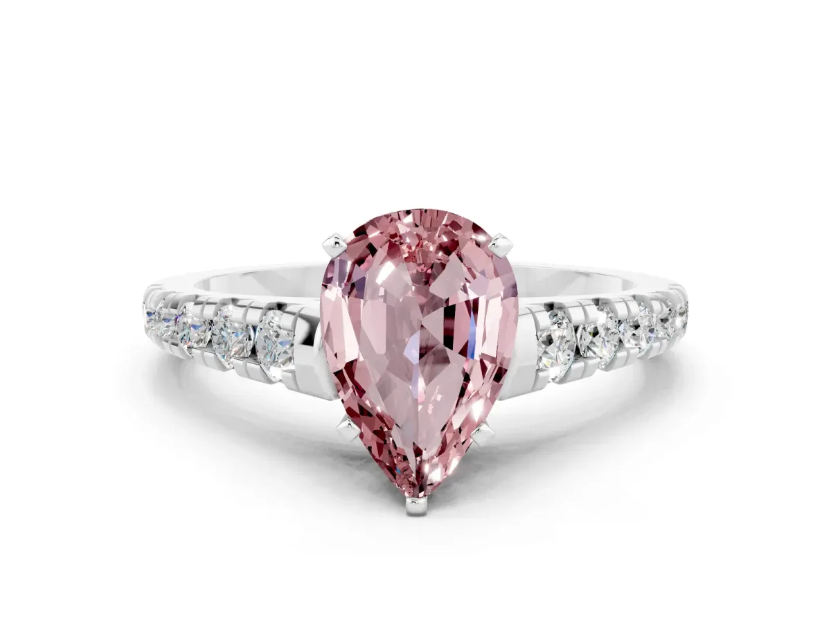 Pear Cut Morganite Cathedral Solitaire Ring with Round Pavé Band Platinum