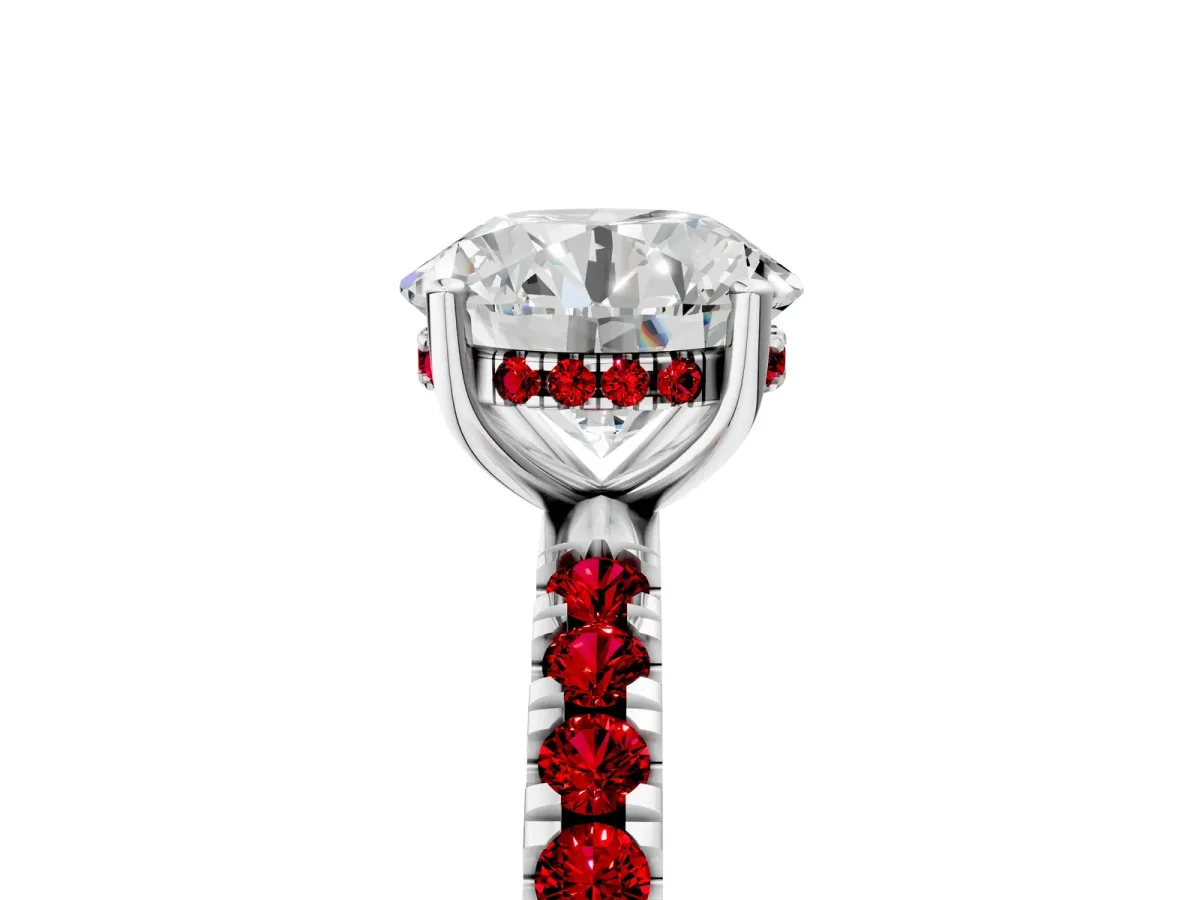 Round Cut Diamond Pave Band Solitaire Ring with Round Ruby and Prong Setting White gold