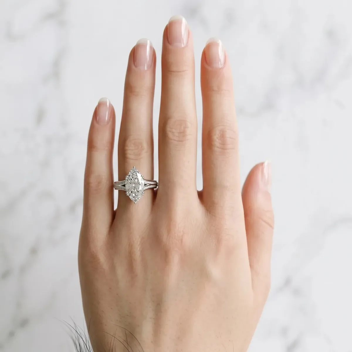 Marquise Cut Diamond Split Shank Engagement Ring with Pavé Band White gold