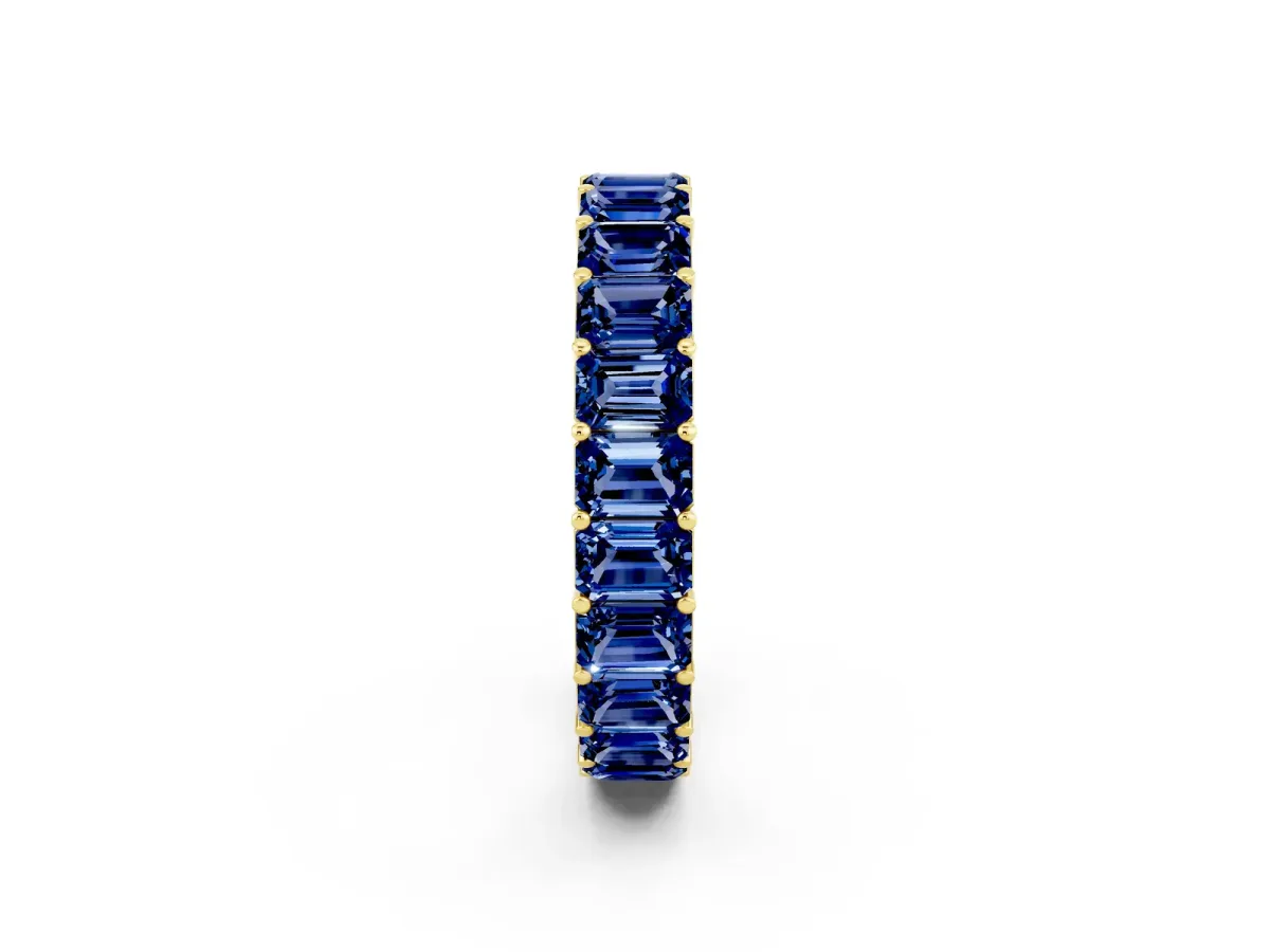 Emerald Cut Blue Sapphire Eternity Band with Shared Prong Setting Yellow gold