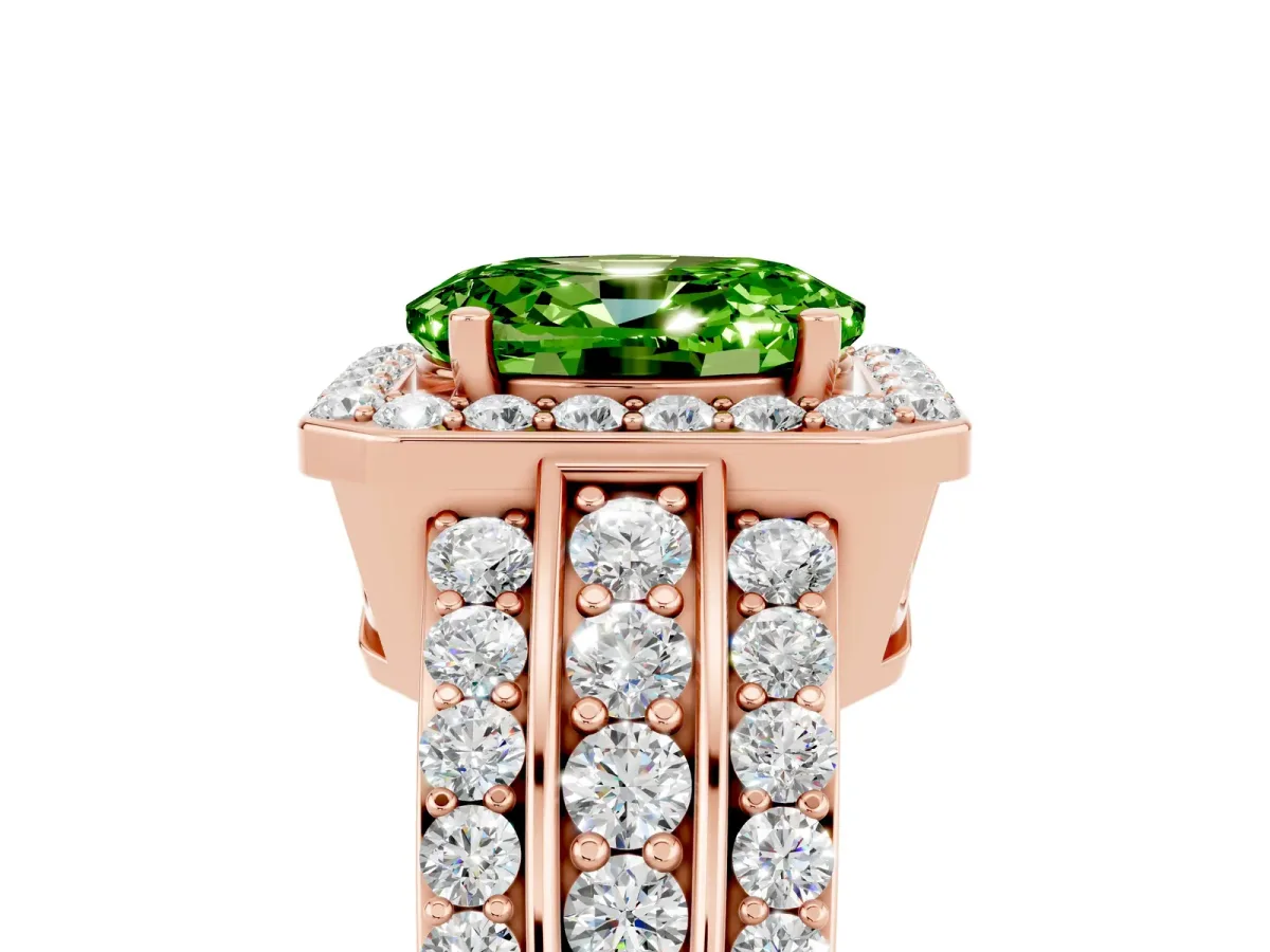 Oval Cut Halo Peridot Ring with Round Split Shank and Prong Setting Rose gold