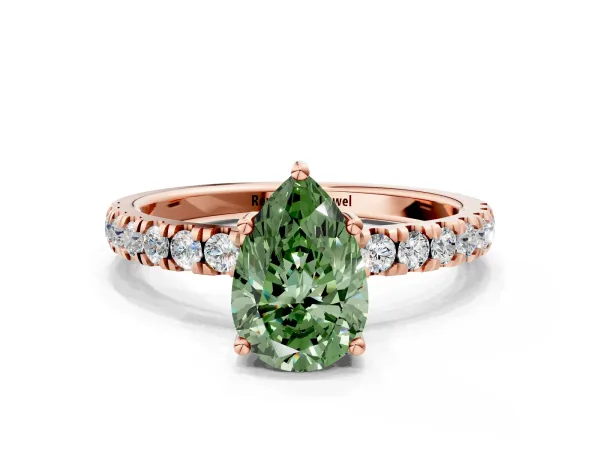 Fancy Green Pear Cut Diamond Pave Band Solitaire Ring with Round and Prong Setting Rose gold