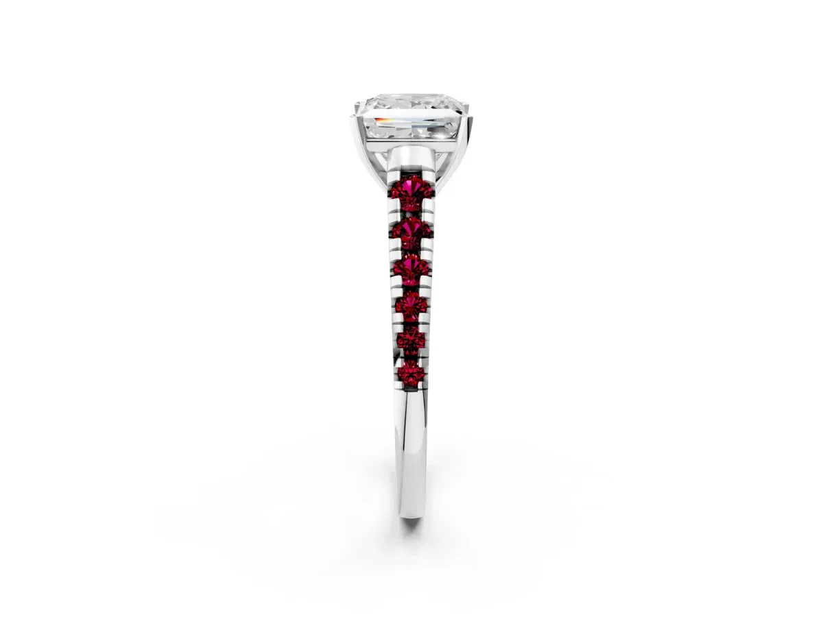 Princess Cut Diamond Cathedral Solitaire Ring with Round Garnet Pavé Band Silver