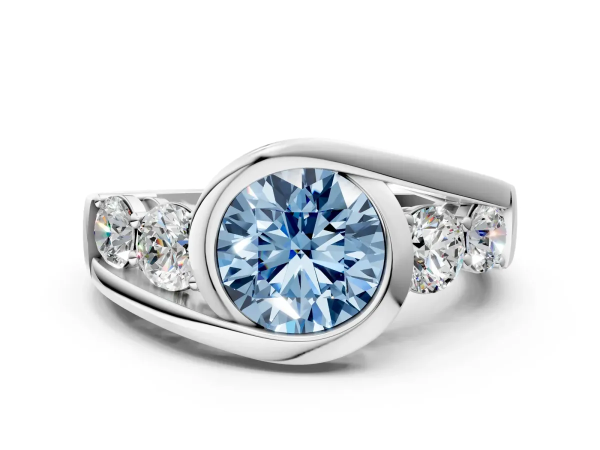 Fancy Blue Bezel Set Round Cut Diamond Bypass Ring with Round Accents Platinum