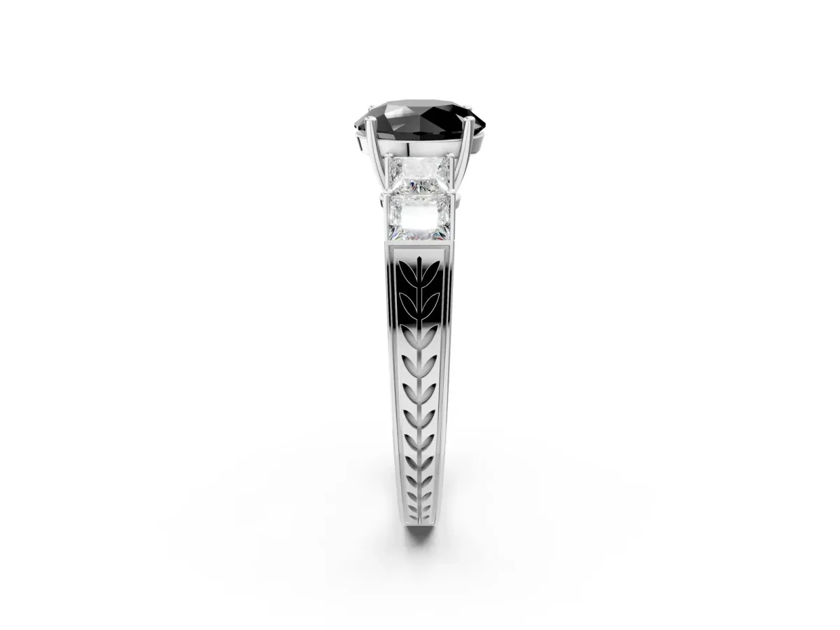 Fancy Black Round Cut Solitaire Princess Side Stone Engraved Band Prong Setting Ring Silver