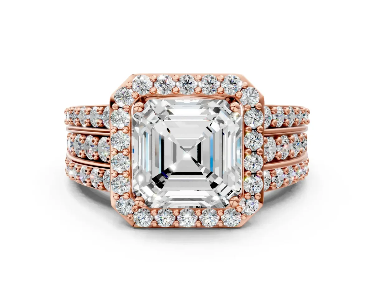 Asscher Cut Halo Diamond Ring with Round Split Shank and Prong Setting Rose gold