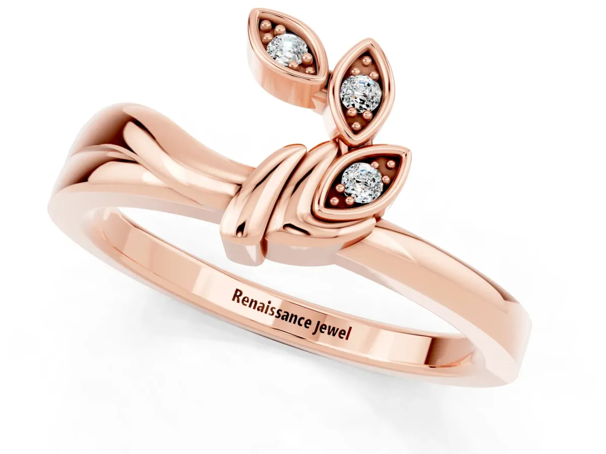 Three-Stone Round Moissanite Leaf Bypass Ring with Bezel Setting Rose gold