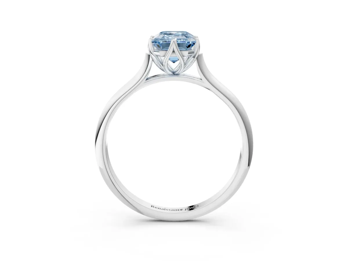 Fancy Blue Emerald Cut Solitaire Cathedral Diamond Ring with Six-Prong Setting Silver