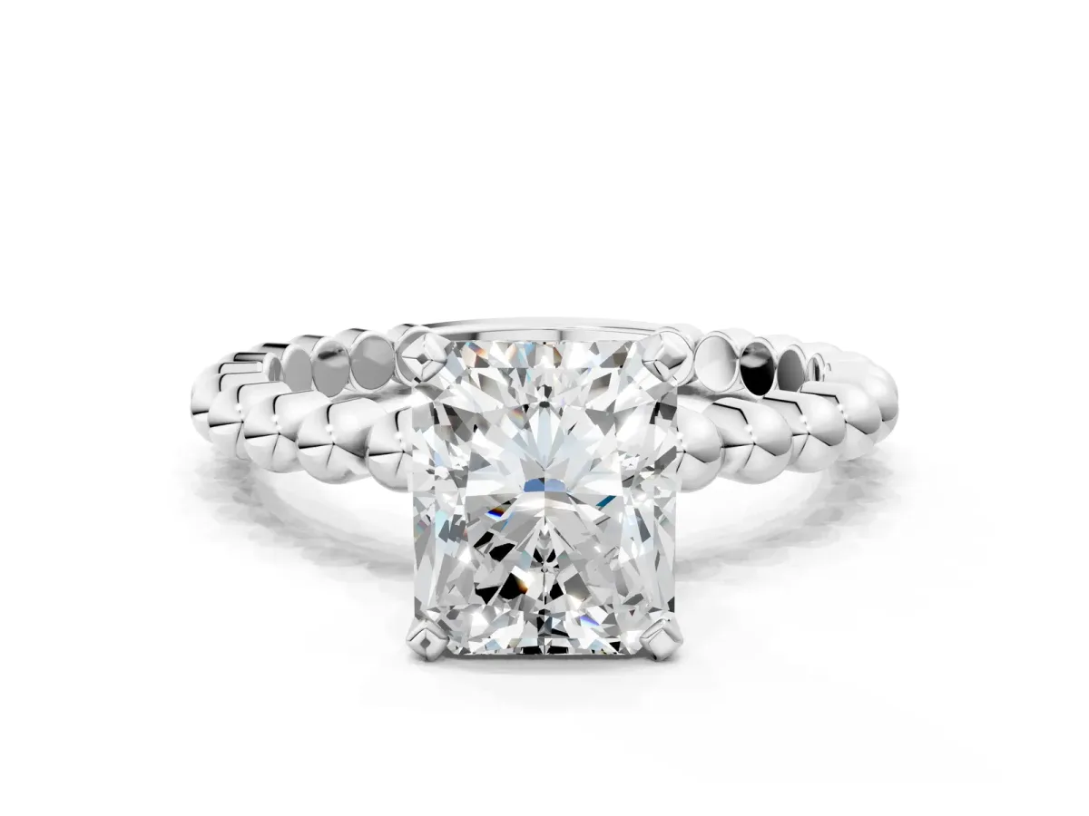 Radiant Cut Diamond Solitaire Ring with Beaded Band and Prong Setting Platinum