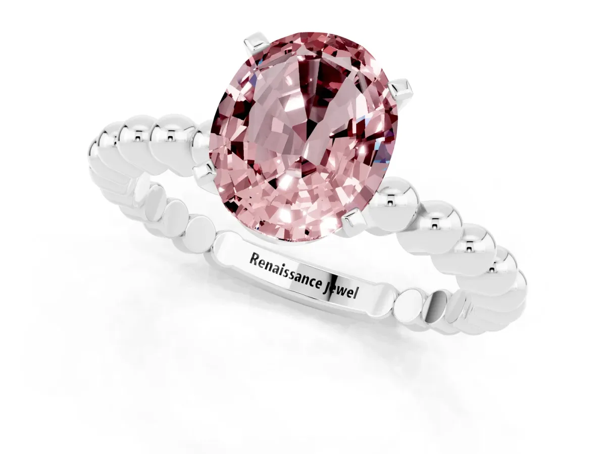 Oval Cut Morganite Solitaire Ring with Beaded Band and Prong Setting Platinum
