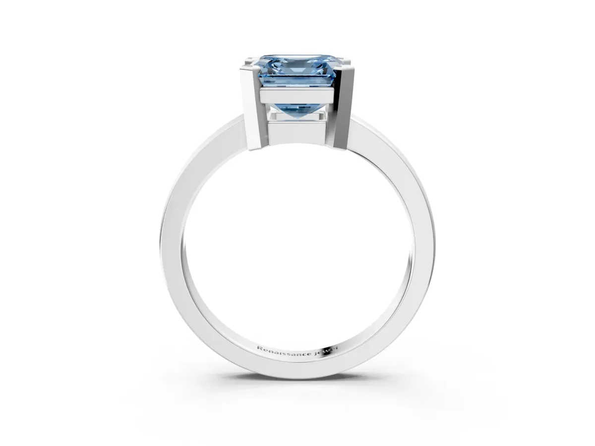 Fancy Blue Asscher Cut Cut Solitaire Ring with Four-Prong Setting and Classic Band Platinum