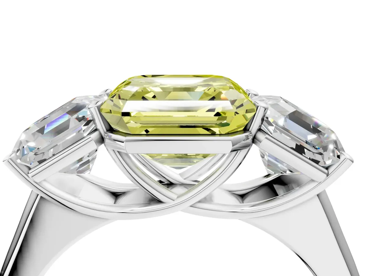 Fancy Yellow Asscher Cut Three-Stone Diamond Ring with Prong Setting on a Classic Band Platinum