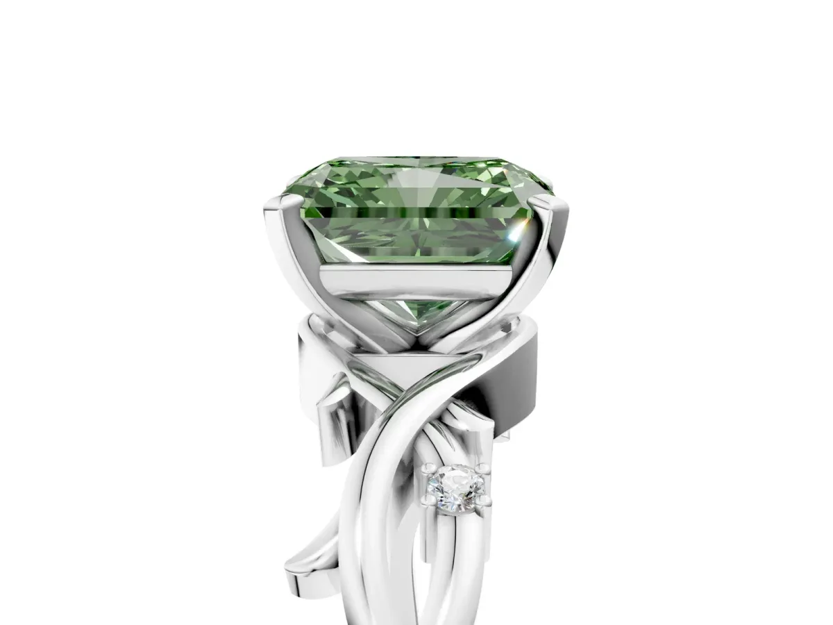Fancy Green Radiant Cut Diamond Solitaire Ring with Twisted Band and Prong Setting Silver