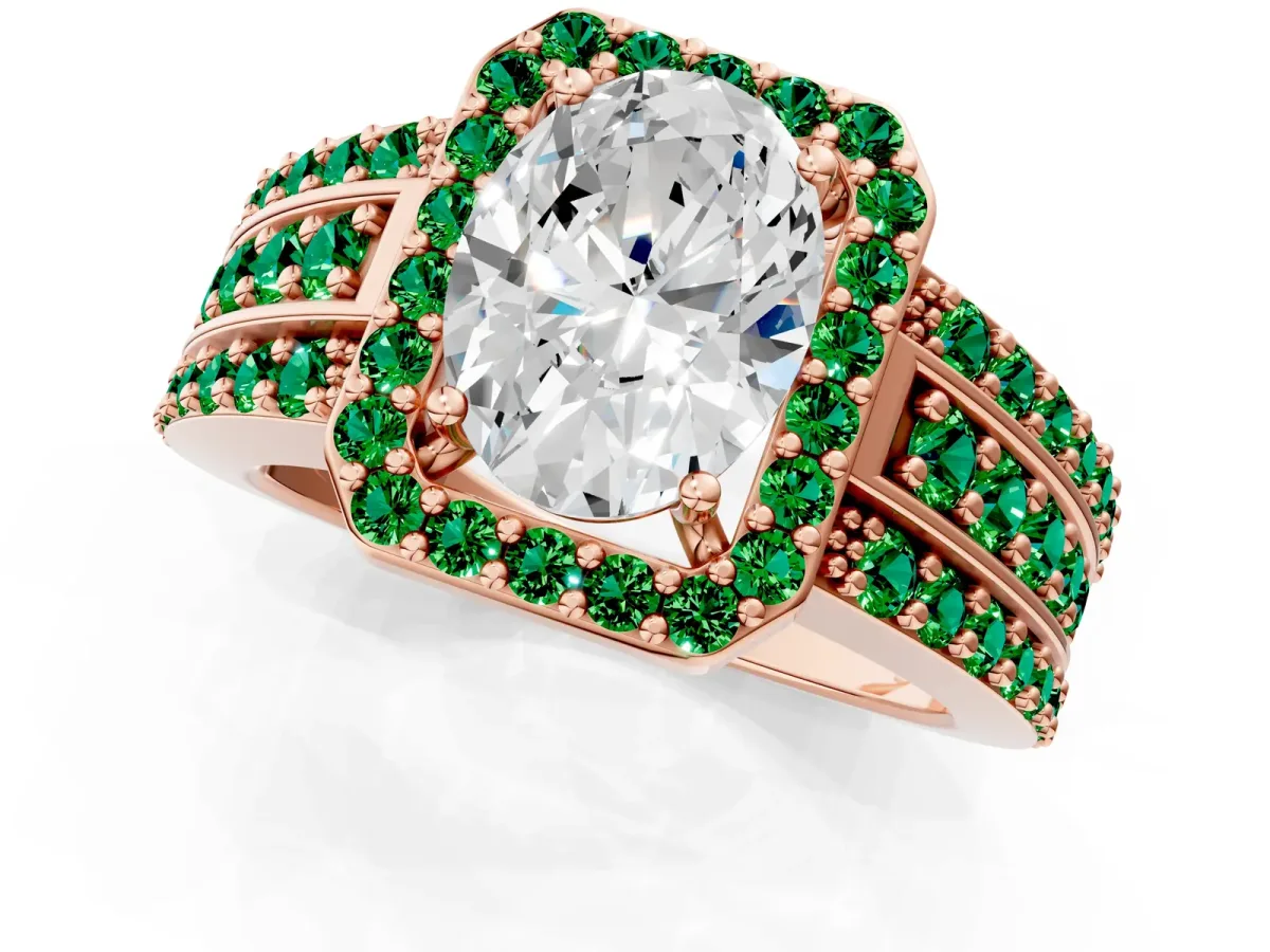 Oval Cut Halo Diamond Ring with Round Emerald Split Shank and Prong Setting Rose gold