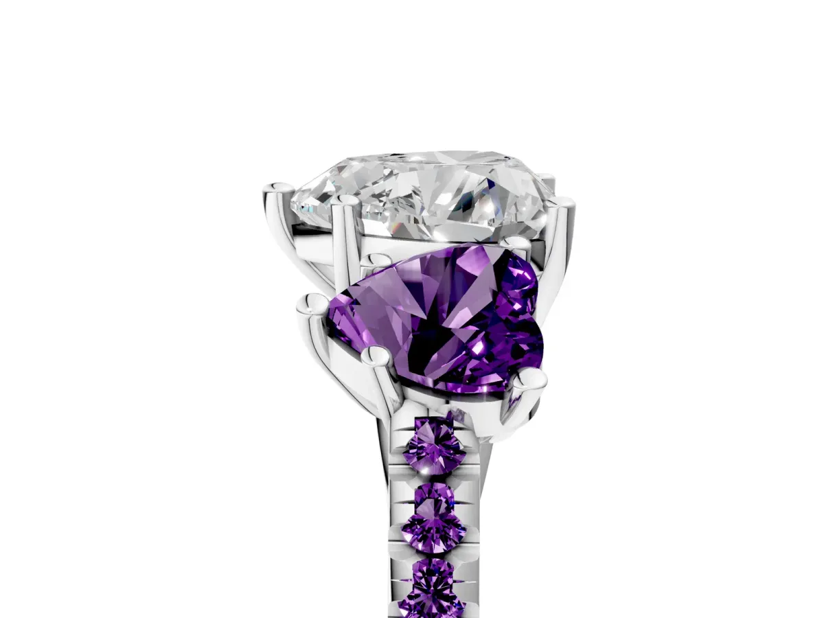 Three-Stone Heart Cut Diamond Ring with Round Amethyst Pavé Band and Prong Setting Silver