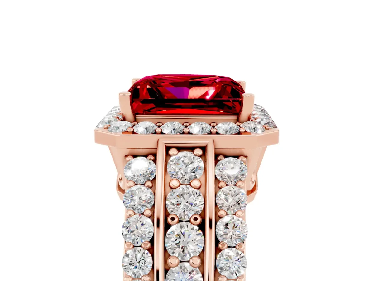 Princess Cut Halo Ruby Ring with Round Split Shank and Prong Setting Rose gold