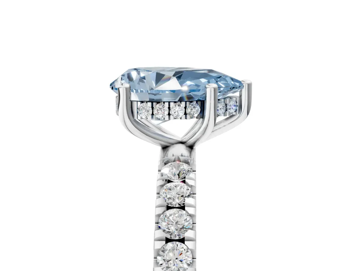 Fancy Blue Pear Cut Diamond Pave Band Solitaire Ring with Round and Prong Setting Platinum