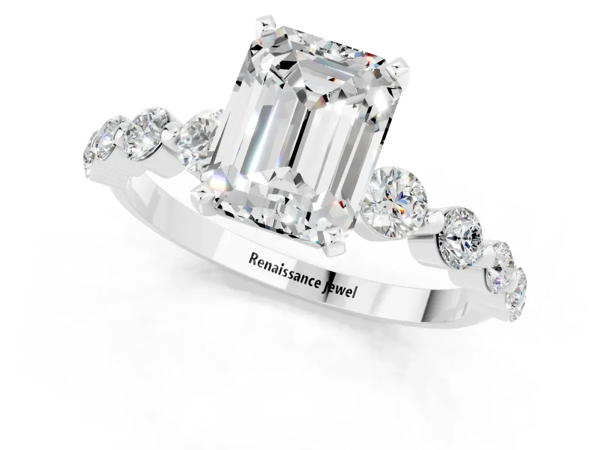 Emerald Cut Solitaire Moissanite Ring with Pave Band and Four-Prong Setting Platinum