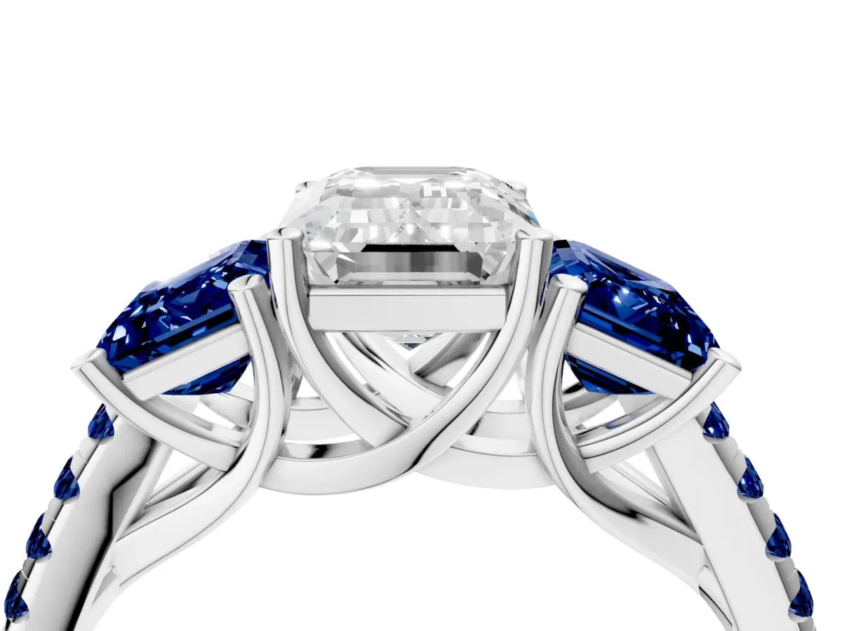 Three-Stone Emerald Cut Diamond Ring with Round Blue Sapphire Pavé Band and Prong Setting Silver