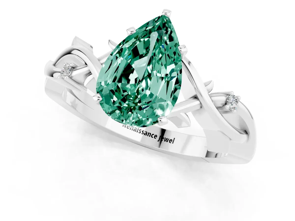 Pear Cut Green Sapphire Solitaire Ring with Twisted Band and Prong Setting Silver